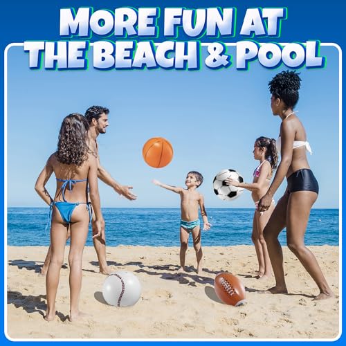 16" Inflatable Sports Beach Balls Variety Pack (12 Pcs) - 3 of Each Sport | Basketball, Baseball, Football, Soccer Beach Balls - Themed Parties, Pool Toys, Birthday Decorations, and Party Favors