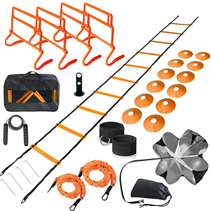 Adjustable Speed Training Hurdles Fitness & Speed Training Equipment with Agility Ladder - Plyometric Fitness & Speed Training – Hurdle/Obstacles for Soccer, Football, Track & Field - color: Orange