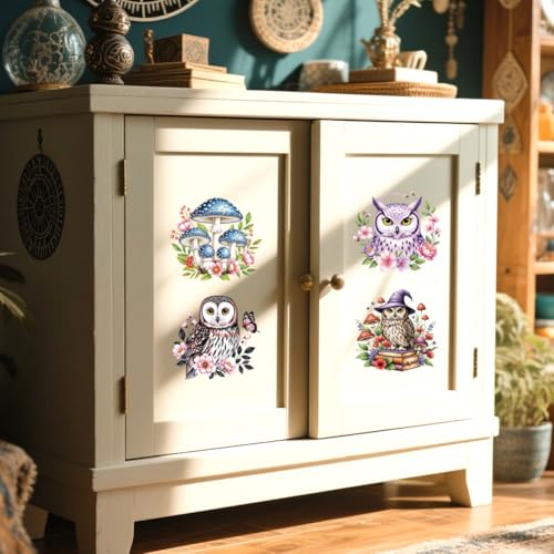 Peacoblue 18 Sheets Rub on Transfers for Crafts, Owl Flowe and Mushroom 3.6"x3.9" UV DTF Cup Wraps Waterproof Rub on Cold Transfers Stickers for Wood Glass Metal Cup Tumblers Mirrors Mugs Home Decor - style: Owl Flowe and Mushroom