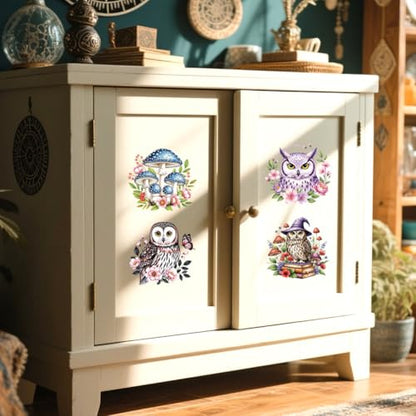 Peacoblue 18 Sheets Rub on Transfers for Crafts, Owl Flowe and Mushroom 3.6"x3.9" UV DTF Cup Wraps Waterproof Rub on Cold Transfers Stickers for Wood Glass Metal Cup Tumblers Mirrors Mugs Home Decor - style: Owl Flowe and Mushroom
