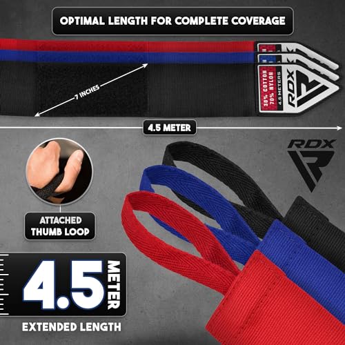 RDX Boxing Hand Wraps 4.5M / 180 Inches – Mexican Style Semi-Elastic MMA Inner Gloves - Wrist Support for Muay Thai, Kickboxing, BJJ, Karate - Thumb Loop & Hook and Loop Closure - Cotton & Nylon Blend - color: Pack of 3 Multi Color