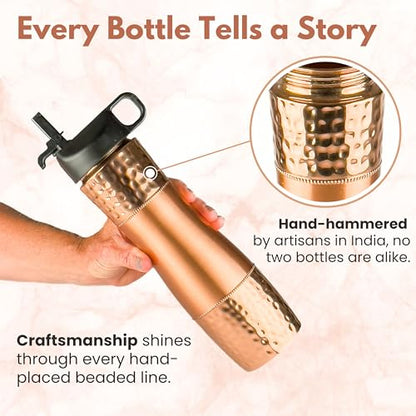 Pure Copper Water Bottle For Drinking Water with Straw and Sports Lid 33.5oz / 950ml Ayurveda Copper Bottle for Ayurvedic Health Benefits, Leak-Proof Split Hammered Design Vessel, Drink Water Daily - color: Black Lid