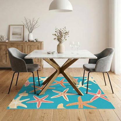 5'x7' Washable Beachy Starfish Area Rug, Teal Non-Shedding Pet Friendly Carpet Easy Care Kids Safe Mat for Small Living Room, Playroom, Bedroom | Ref:1891133 - color: Blue/Pattern 3, size: 5' x 7' (Rectangular)
