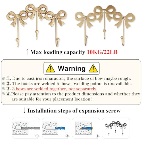 Small Gold Bow Wall Hook,Gold Cast Iron Hook,Size:8.27x5.59 inches - size: Triple bow hooks(8.27x5.59 inches)