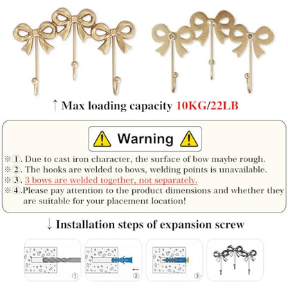 Small Gold Bow Wall Hook,Gold Cast Iron Hook,Size:8.27x5.59 inches - size: Triple bow hooks(8.27x5.59 inches)