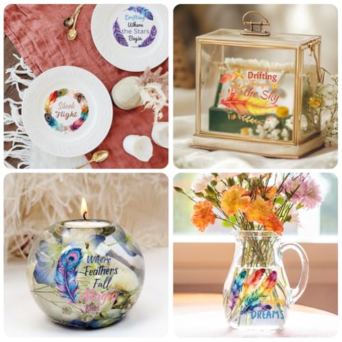 Peacoblue 18 Sheets Rub on Transfers for Crafts, Feathers with Text 3.6"x3.9" UV DTF Cup Wraps Waterproof Rub on Cold Transfers Stickers for Wood Glass Metal Cup Tumblers Mirrors Mugs Home Decor - style: Feathers with Text