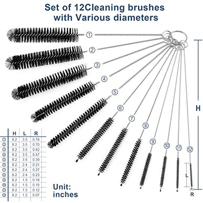 Straw Cleaner Brushes Sets, 12 Pieces 8.2 Inch Botthle Cleaning Brush and Nylon Tube Brush Brush Kit for Sippy Cup, Tumbler, Water Bottle, Drinking Straw (Black)
