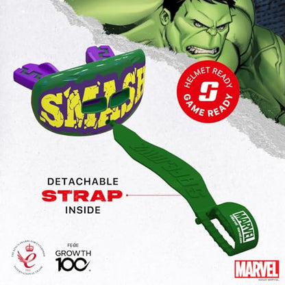 Marvel Hulk Lip Guard, Football Mouth Guard with Detachable Strap | One Size, Green Adult & Youth Breathable Lip Protector with Helmet Strap, Flag Football & Lacrosse - color: Hulk