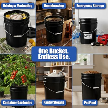 5 Gallon Bucket - Food Grade Bucket with Airtight Gasketed Tear Strip Lid, BPA-Free, Heavy-Duty 90 Mil HDPE Plastic Pail, Bulk Storage, Durable Container, Made in USA - Black, 1 Pack - color: Black, size: 1 Pack