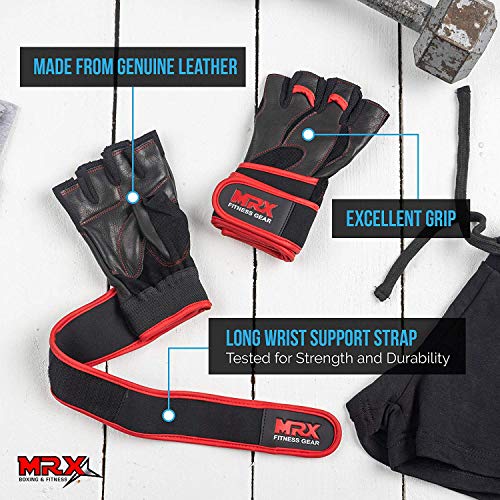 MRX Weight Lifting Pro Level Gloves with 18 Inches Long Wrist Strap Gym Workout Exercise & Fitness in - color: Black/Red-2615, size: XX-Large