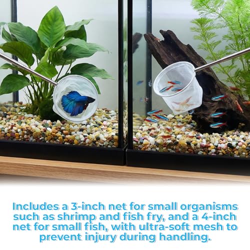 2 Pack Fish Net for Fish Tank, 3 & 4 Inch Stainless Steel Fishes Nets for Aquarium Gentle Nets Soft Fine Mesh Food Wastes Skimmer for Small Ponds and Pools