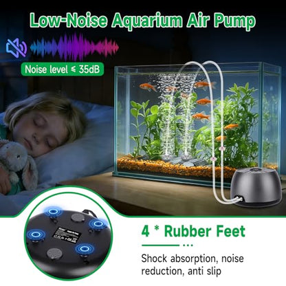 hygger Quiet Adjustable Aquarium Air Pump, 5W/8W Dual Output Fish Tank Air Pump, Energy-Saving Oxygen Aerator with Air Stone Bubbler for Fish Tank, Hydroponic
