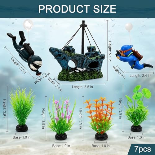 Fish Tank Decor, 7 Pcs Aquarium Decorations Set with Shipwreck Decoration, Little Diver and Fish Tank Plants, Betta Fish Tank Accessories for Visual Enhancement