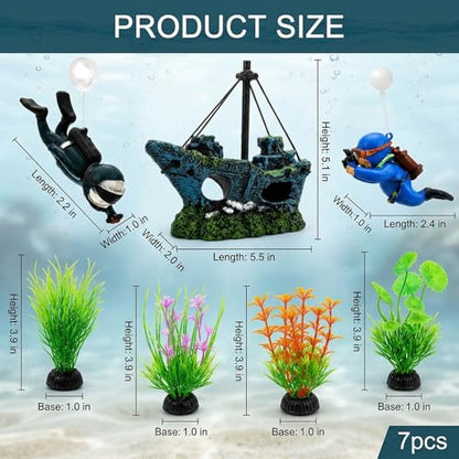 Fish Tank Decor, 7 Pcs Aquarium Decorations Set with Shipwreck Decoration, Little Diver and Fish Tank Plants, Betta Fish Tank Accessories for Visual Enhancement