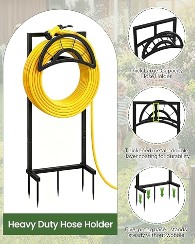 Garden Hose Holder with 5 Prongs, Heavy Duty Water Hose Holder Stand, Holds 150ft Hose, Metal Water Hose Holder for Outside, Yard, Lawn, Patio, Black TCJ91BB