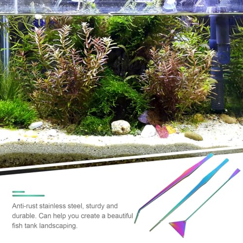 3pcs Colored Titanium Coated Stainless Steel Aquarium Tools Kit Tweezers and Spatula Set for Fish Tank Water Plants Cleaning