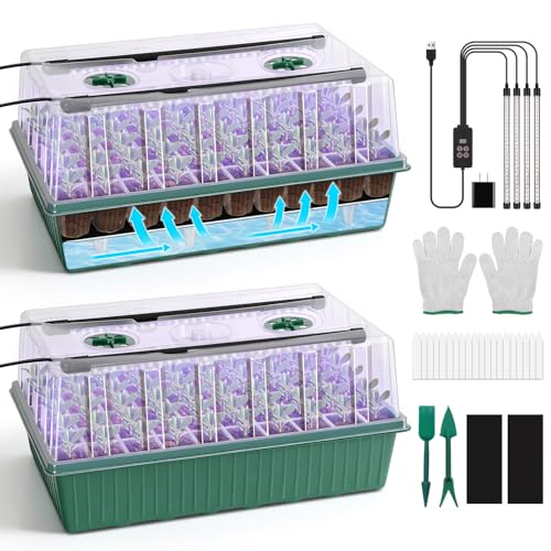 120-Cell Self-Watering Seed Starter Tray with Grow Light, 1-24H Timer, Seed Starter Kit with 4.02" Humidity Dome, Seedling Tray for Indoor Plant Starter, Plant Germination Trays-Green - color: Green