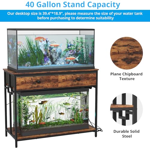 VOWNER 40 Gallon Aquarium Stand with Power Outlet, Metal Frame Fish Tank Stand with Cabinet Storage, Double Turtle Reptile Terrariums Tank Stand, 39.4" L*18.9" W Tabletop, 660LBS Capacity, Brown