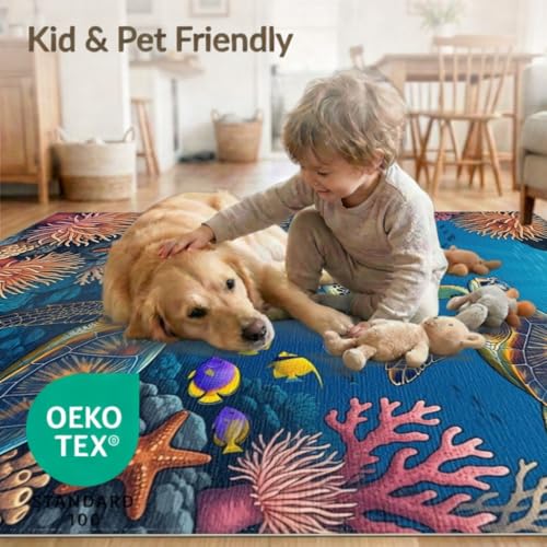 6'x9' Washable Beachy Fish Area Rug, Teal Foldable Non-Slip Large Carpet for Queen Size Bedroom, Under Bed, Master Bedroom, Foldable Easy Care Carpet| Ref:1955521 - color: Blue/Pattern 24, size: 6' x 9' (Rectangular)