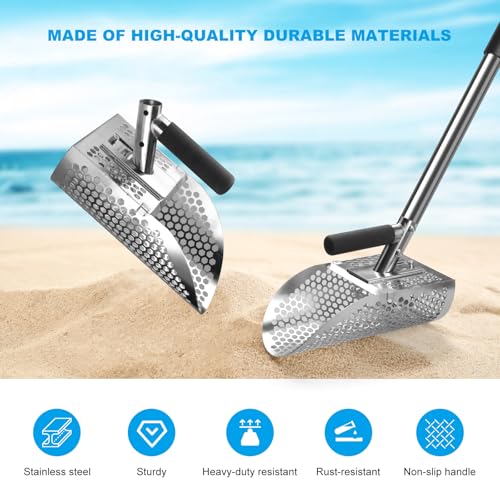 Sand Scoop for Metal Detecting Adjustable Long Handle Sand Shovel Metal Detector Sand Scoop for Adults Stainless Steel Detachable Shovel for Beach, Underwater and Treasure Hunting