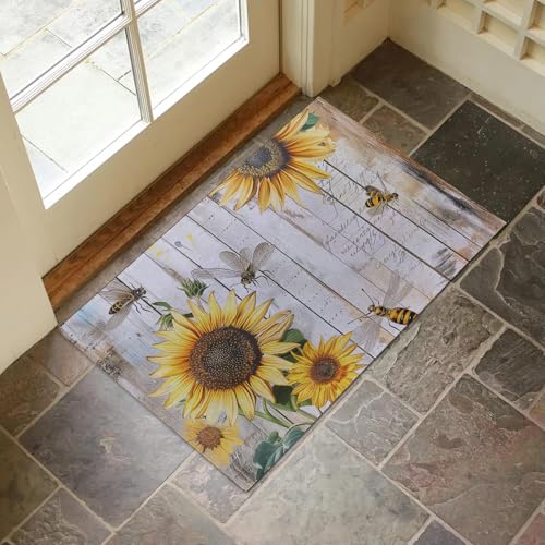 Rustic Sunflower and Bee Indoor Door Mat for Entryway, 17x29.5 Inch, Vintage Wood Floor Doormat for Home Decor, Non-Slip Rug Mat for Living Room, Kitchen, Bedroom, Gifts for Farmhouse Lovers - color: Color76