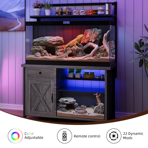 Reptile Tank Stand with Power Outlet, Terrarium Stand with Storage Cabinet, 49" X 20" Tabletop, Aquarium Stand with LED Lights, Reptile Terrarium,Turtle Tank (Gray) - color: Gray