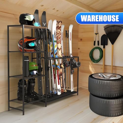 Freestanding Ski Rack, Ski Storage Rack w/Width-Adjustable Bars | Ski & Snowboard Rack Organizer for Garage, Home