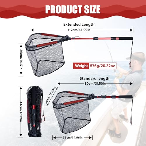 Goture Floating Fishing Net with Assist Handle, Aluminum Alloy Fixed or Telescoping Pole Handle, PVC Coated Nylon Mesh, Foldable Fish Landing Net, Carry Bag for Kayak, Fly, Bass, Trout Fishing