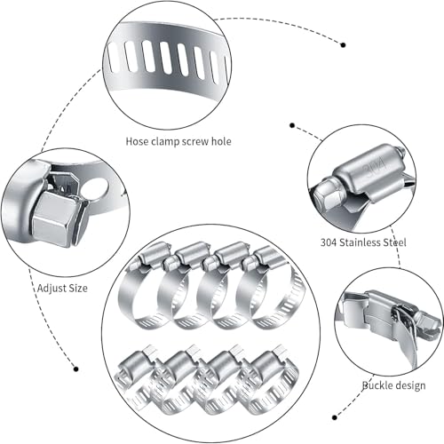 Stainless Steel Hose Clamps Assortment Kit, 32 Pack Adjustable 1/4-2 Inch (6-51mm) Worm Gear Pipe Hose Clamps, Heavy Duty Fuel Line Hose Clips for Plumbing, Automotive, Mechanical Applications