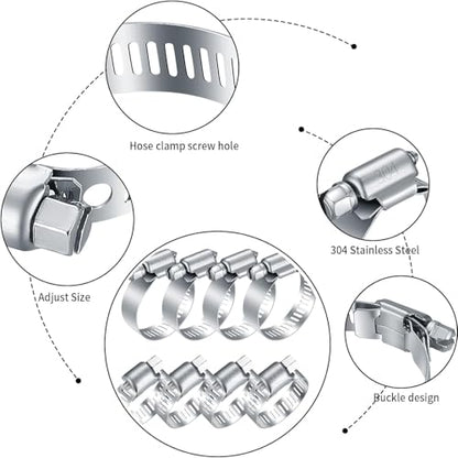 Stainless Steel Hose Clamps Assortment Kit, 32 Pack Adjustable 1/4-2 Inch (6-51mm) Worm Gear Pipe Hose Clamps, Heavy Duty Fuel Line Hose Clips for Plumbing, Automotive, Mechanical Applications