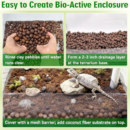 2QT Leca Clay Pebbles for Reptile Substrate - Organic Expanded Clay Balls for Bioactive Terrarium Drainage Layer & False Bottom, Lightweight Hydro Balls for Leopard Gecko, Tortoise, Frog