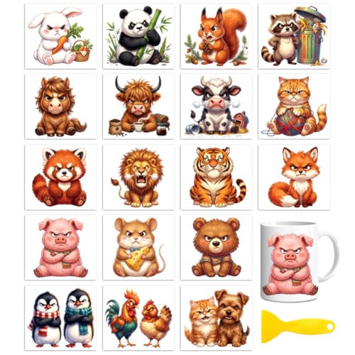 Peacoblue 18 Sheets Rub on Transfers for Crafts, Angry Animals 3.6"x3.9" UV DTF Cup Wraps Waterproof Cold Transfers Stickers for Wood Glass Metal Cup Tumblers Mirrors Mugs Home Decor - style: Angry Animals