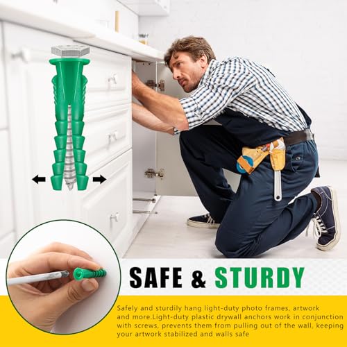 200 Pcs #12-14-16 x 1-1/2 Inch Ribbed Lightweight Plastic Anchors Drywall Anchors for Hollow Walls Pictures Artwork Decor Light Duty Anchoring Application (Green)