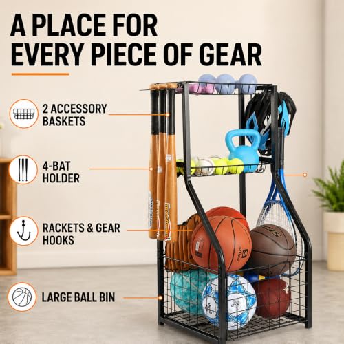 YueTong Garage Sports Organizer with Ball Rack, Bat Holder and 4 Hooks - color: Black – Fixed Feet