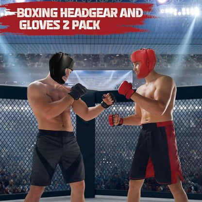 Boxing Gloves and Headgear Set for Adults 2 Pair Gloves and 2 Head Guards - color: BlackRed