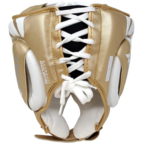 RIVAL Boxing RHG100 Professional Headgear - Lightweight Construction with Wide, Lateral Eye Opening for Maximum Visibility - color: White/Gold, size: Medium