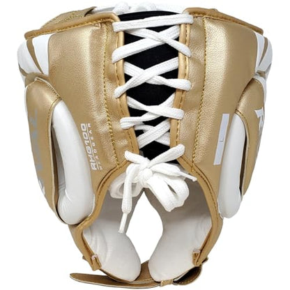 RIVAL Boxing RHG100 Professional Headgear - Lightweight Construction with Wide, Lateral Eye Opening for Maximum Visibility - color: White/Gold, size: Medium