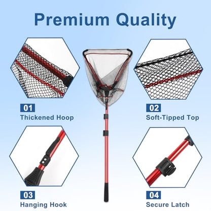 Keenorika Foldable Fishing Landing Net with Telescopic Handle, 29-82 Inches Extendable Fish Net for Trout, Bass and Catfish, Lightweight Honeycomb Mesh Fishing Net for Freshwater Saltwater Fishing
