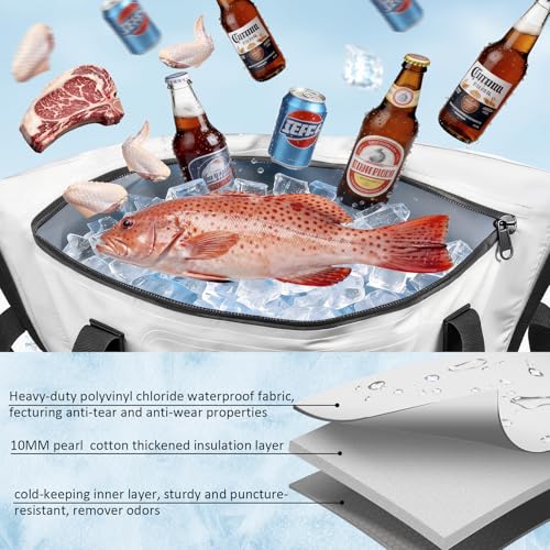THKFISH Insulated Fish Cooler Bag, 25x17.5in Portable Soft Cooler Bag for Caught Fish, Travel, Beach, Camping, Picnic, Lunch, Fishing, 24HR Cold Retention(White-Blue)