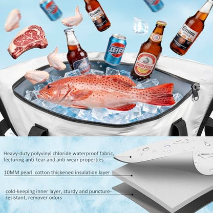 THKFISH Insulated Fish Cooler Bag, 25x17.5in Portable Soft Cooler Bag for Caught Fish, Travel, Beach, Camping, Picnic, Lunch, Fishing, 24HR Cold Retention(White-Blue)