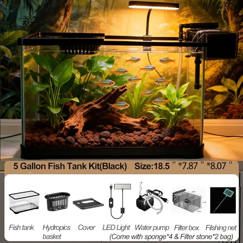 5 Gallon Fish Tank, Aquarium Plastic Starter Kit with Filter, led Light, sponge, and filter ball, Fish Tank for Betta, Plastic Nano Aquarium with Lid(18.5*7.87*8.07 inch / Black) (5 Gallon Fish Tank)