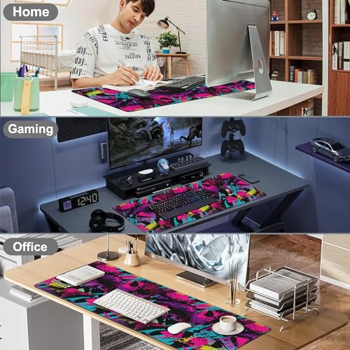Abstract Grunge Elements Desk Mat,Large Neon Color Patterns Gaming Keyboard Mouse Pad,Non-Slip Rubber Base Desk Pad Thick Stitched Edges Waterproof Mousepad Mouse Mat 31.5"x11.8" - color: Abstract Grunge Elements