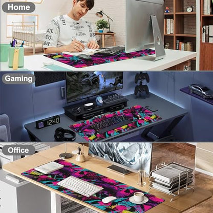 Abstract Grunge Elements Desk Mat,Large Neon Color Patterns Gaming Keyboard Mouse Pad,Non-Slip Rubber Base Desk Pad Thick Stitched Edges Waterproof Mousepad Mouse Mat 31.5"x11.8" - color: Abstract Grunge Elements