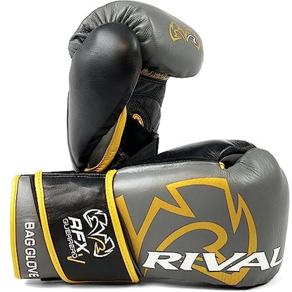 RIVAL Boxing RFX-Guerrero-V Bag Gloves, Multi-Layered Inner Foam Padding (HDEF), Premium Leather, Wrist Lock 2 System - color: Gray/Gold, size: 8 oz.