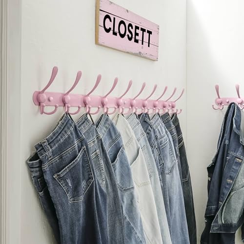 Dseap Coat Rack Wall Mount - 38” Long 10-Tri-Hooks Heavy Duty Coat Hanger Rail Wall Hooks for Hanging Coats Hats Clothing Clothes Purse Mudroom Entryway, Pink, Pack of 2 - color: Pink, size: L=38” (2 Pcs)