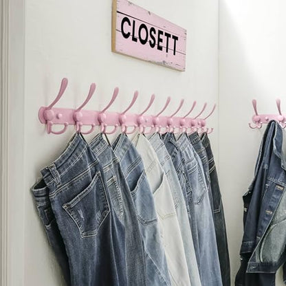Dseap Coat Rack Wall Mount - 38” Long 10-Tri-Hooks Heavy Duty Coat Hanger Rail Wall Hooks for Hanging Coats Hats Clothing Clothes Purse Mudroom Entryway, Pink, Pack of 2 - color: Pink, size: L=38” (2 Pcs)