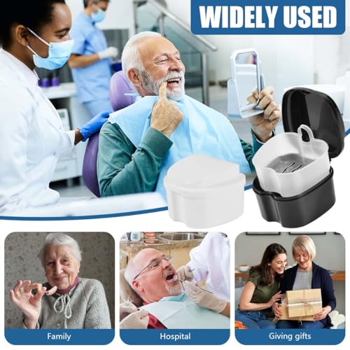 KISEER 2 Pack Colors Denture Bath Case Cup Box Holder Storage Soak Container with Strainer Basket for Travel Cleaning (White and Black) - color: White and Black