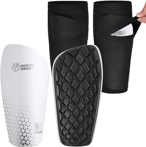 Northdeer Soccer Shin Guards for Kids Adults | Sleeves with Optimized Insert Pocket Protective Soccer for Boys Girls Men - color: Shin Pads 1 Pair + Sleeves 1 Pair, White, size: M (4'7"-5'3")