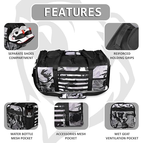 Gym Duffle Bag- Workout, Boxing, MMA, Sports Bag with Shoes Compartment and Adjustable Shoulder Strap for Men and Women (Gray Camo) - color: Gray Camo