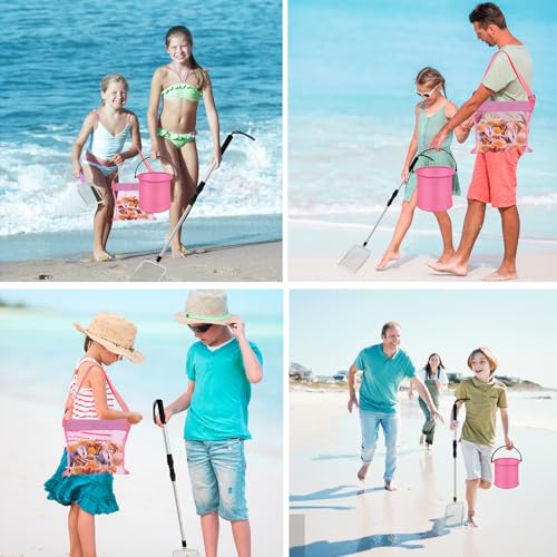 4pcs Shelling Scooper Tools for Beach, Adjustable Shark Tooth Sand Sifter with Mesh Shell Collecting Bag Foldable Beach Bucket Beach Scoop Shovel Toys for Adults Kids Picking Seashell Rock Hunting(P) - color: Pink